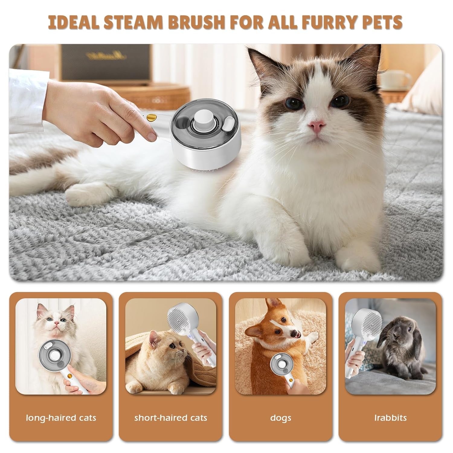 Cat Steam Brush,Cat Brushes for Indoor Cats, 4 in 1Spritz Spray Defur Comb, Cloud Care Shedding Control, Pet Grooming Brush for Long Short Hair Cats Dogs, Massage Clean Design Pet Steam Brushes