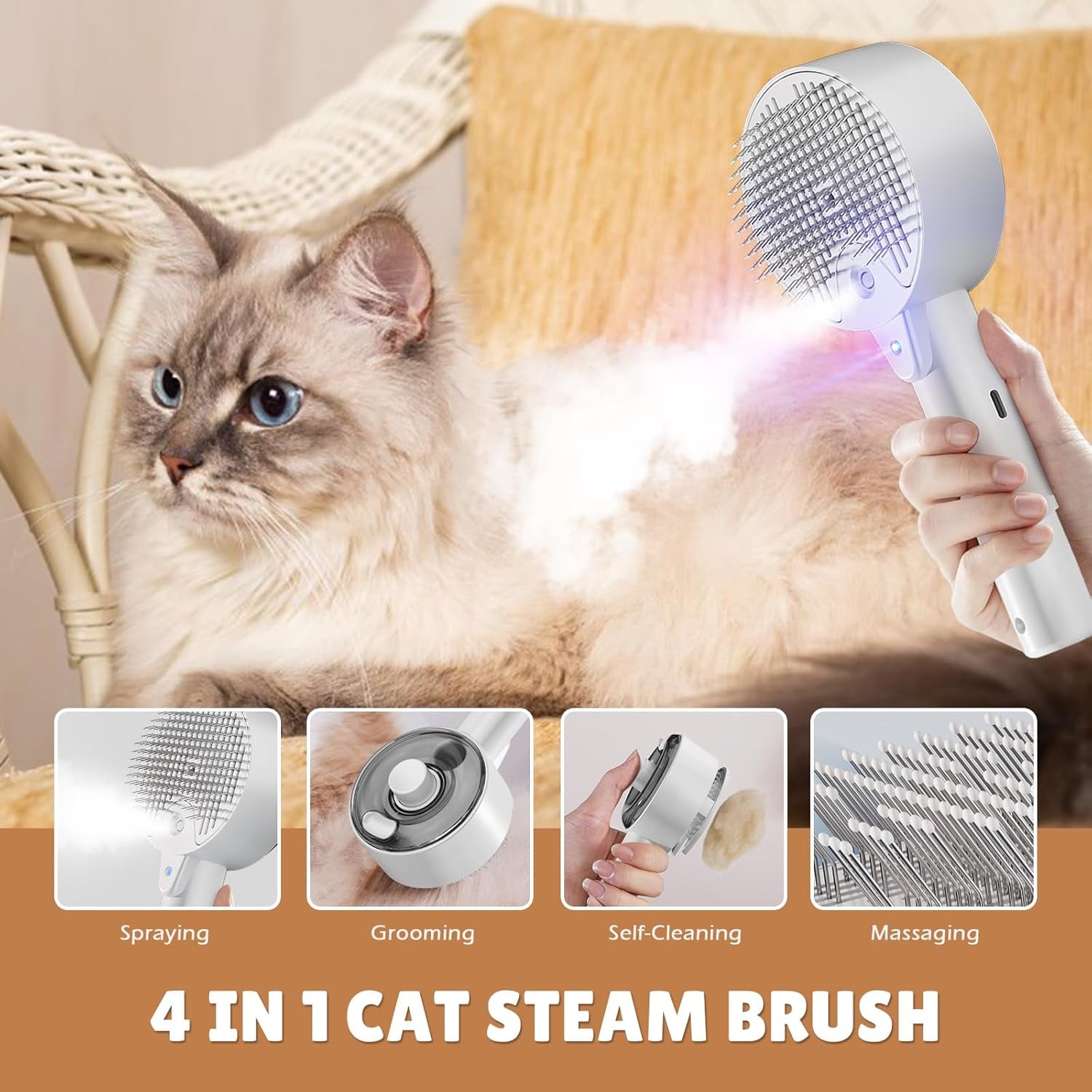 Cat Steam Brush,Cat Brushes for Indoor Cats, 4 in 1Spritz Spray Defur Comb, Cloud Care Shedding Control, Pet Grooming Brush for Long Short Hair Cats Dogs, Massage Clean Design Pet Steam Brushes