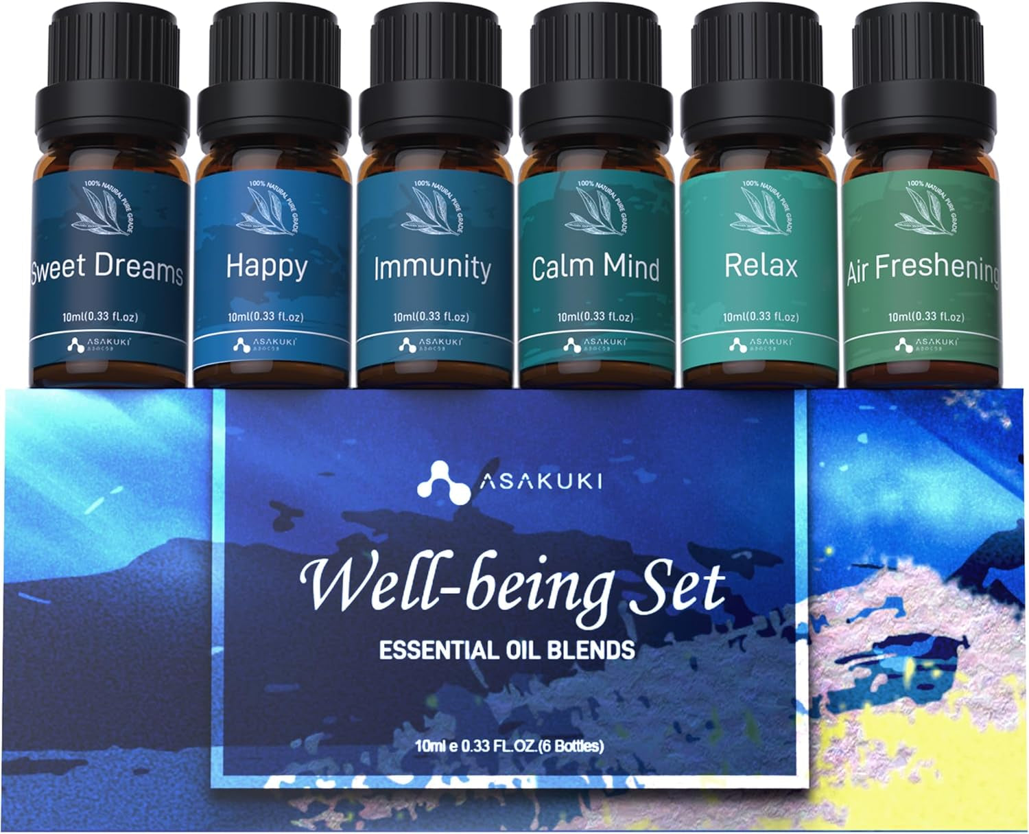 Essential Oil Blends, Essential Oils for Diffusers for Home, Well-Being Kit- Calm Mind, Sweet Dreams, Happy, Relax, Air Freshening, Immunity for Aromatherapy, Humidifiers, Massage, 6X10Ml