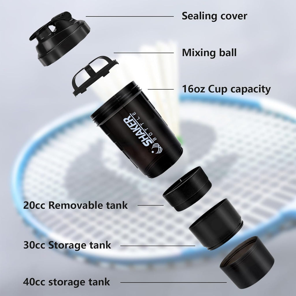 Shaker Bottle 16OZ Protein Shaker Bottles with Mix Ball Sports Water Bottle Leak Proof GYM Cup for Protein Mixes with Powder Storage & Pill Organizer, Ideal for Pre Workout,Bpa Free(Black)