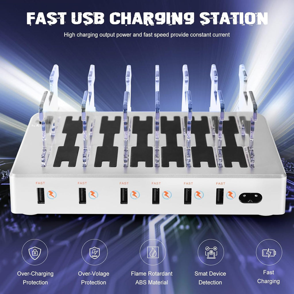 Charging Station for Multiple Devices, 6 Ports Multi Devices USB Charger Fast Cell Phone Charging Station for Iphone Ipad Tablet (Silver, 6 Mixed Cables Included)