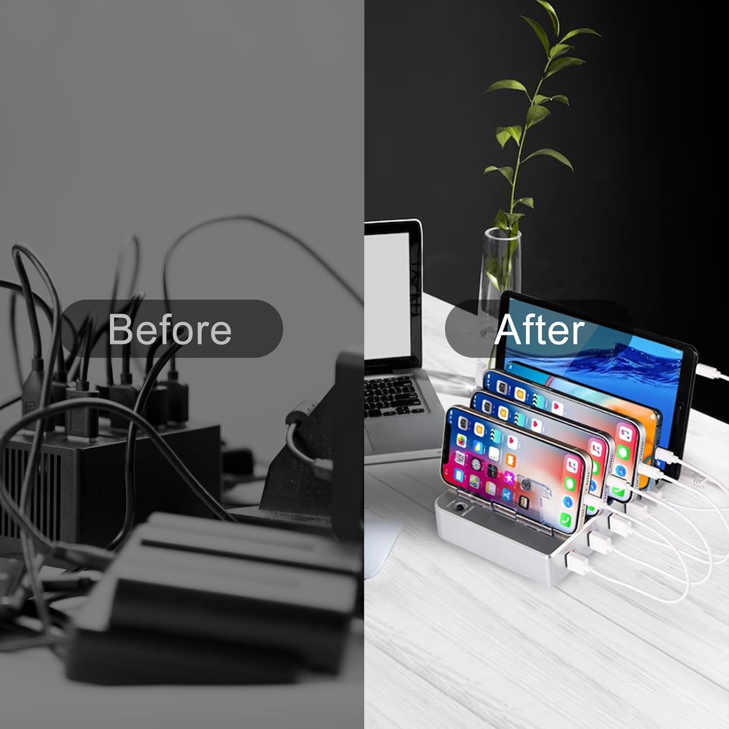 Charging Station for Multiple Devices, 6 Ports Multi Devices USB Charger Fast Cell Phone Charging Station for Iphone Ipad Tablet (Silver, 6 Mixed Cables Included)