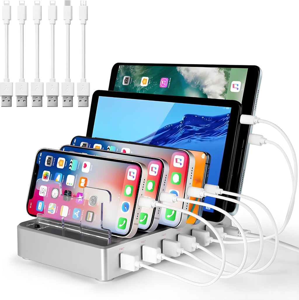 Charging Station for Multiple Devices, 6 Ports Multi Devices USB Charger Fast Cell Phone Charging Station for Iphone Ipad Tablet (Silver, 6 Mixed Cables Included)