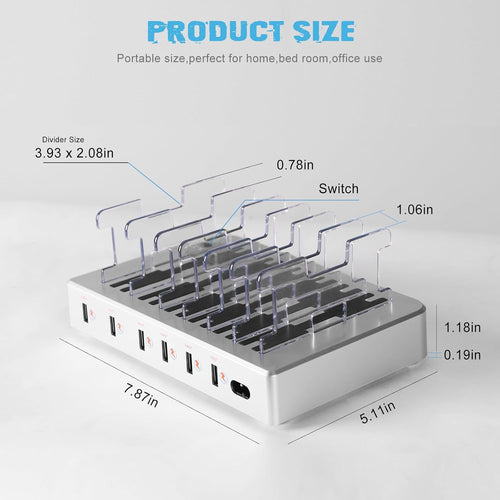 Charging Station for Multiple Devices, 6 Ports Multi Devices USB Charger Fast Cell Phone Charging Station for Iphone Ipad Tablet (Silver, 6 Mixed Cables Included)
