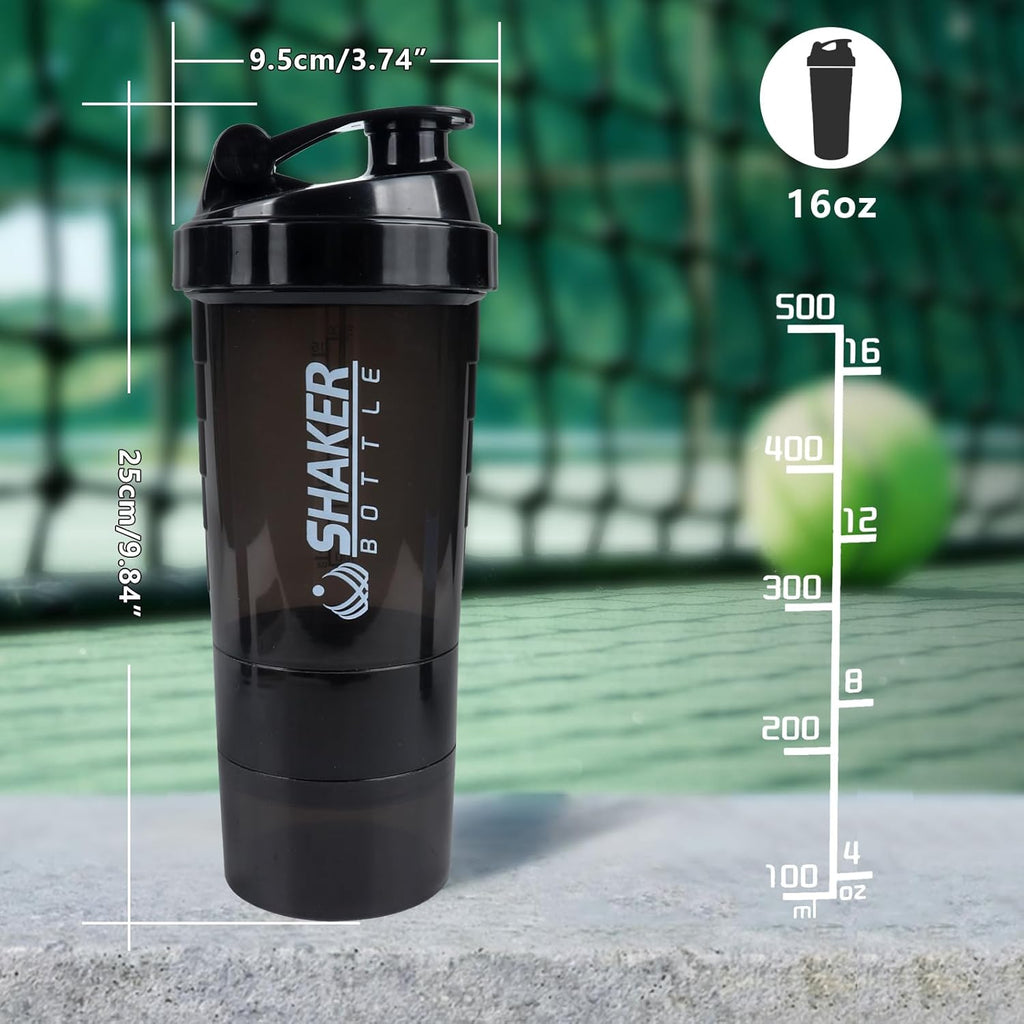 Shaker Bottle 16OZ Protein Shaker Bottles with Mix Ball Sports Water Bottle Leak Proof GYM Cup for Protein Mixes with Powder Storage & Pill Organizer, Ideal for Pre Workout,Bpa Free(Black)