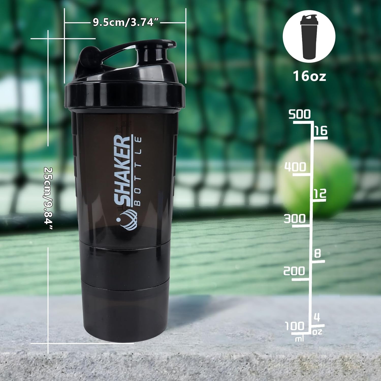 Shaker Bottle 16OZ Protein Shaker Bottles with Mix Ball Sports Water Bottle Leak Proof GYM Cup for Protein Mixes with Powder Storage & Pill Organizer, Ideal for Pre Workout,Bpa Free(Black)