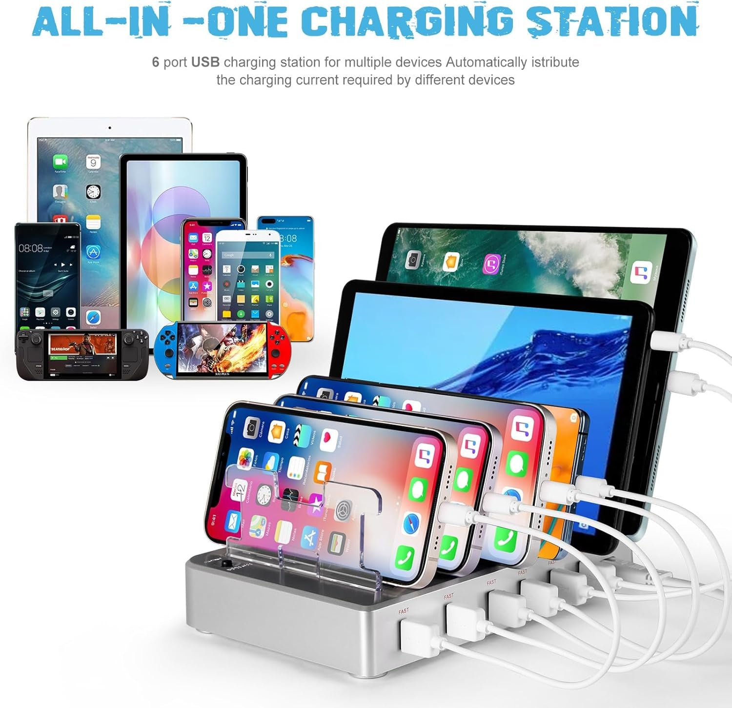 Charging Station for Multiple Devices, 6 Ports Multi Devices USB Charger Fast Cell Phone Charging Station for Iphone Ipad Tablet (Silver, 6 Mixed Cables Included)